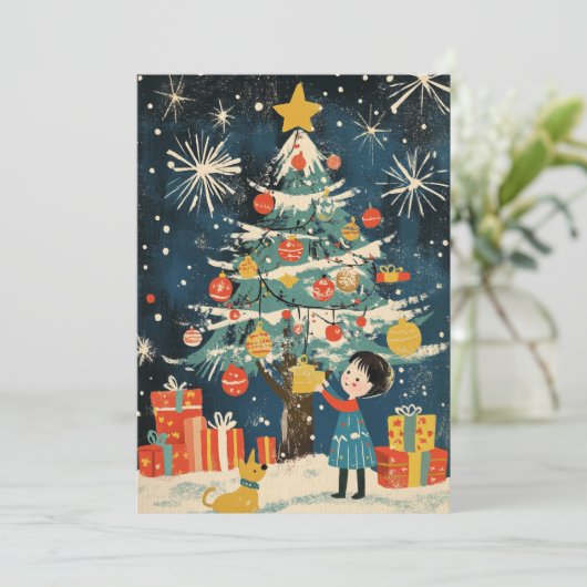 Charmant kind versieren kerstboom hond feestdagenkaart (Staand voorkant)