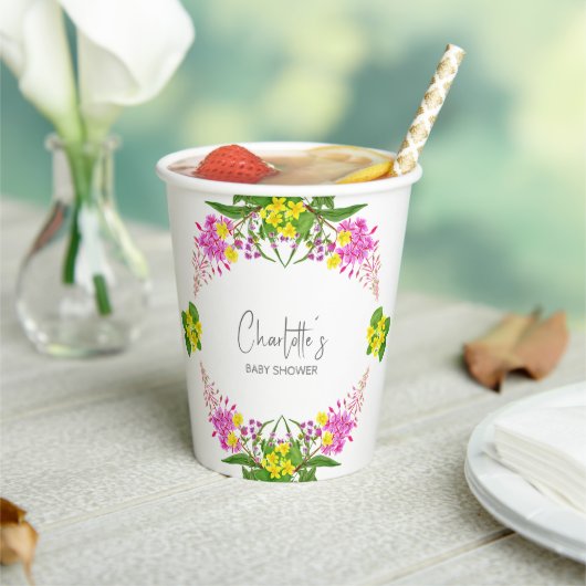 Charmant Levendig Geel Roze Wildflower Script Papieren Bekers (Insitu)