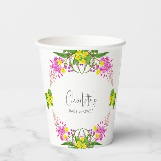 Charmant Levendig Geel Roze Wildflower Script Papieren Bekers (Achterkant)