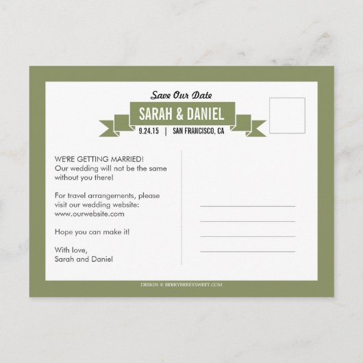 Charmant lint Save the Date - Groen Aankondigingskaart (Achterkant)