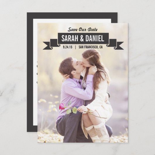 Charmant lint Save the Date - Zwart Aankondigingskaart (Voorkant / Achterkant)