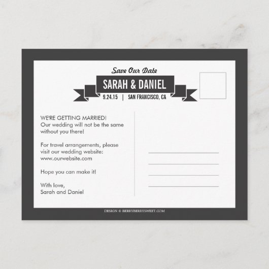 Charmant lint Save the Date - Zwart Aankondigingskaart (Achterkant)