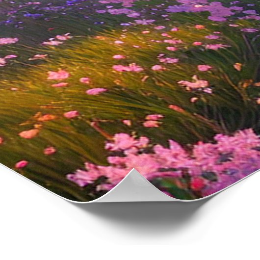 Charmant meer omringd door roze bloemen poster (Hoek)