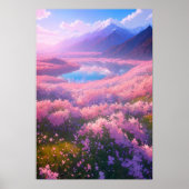 Charmant meer omringd door roze bloemen poster (Voorkant)