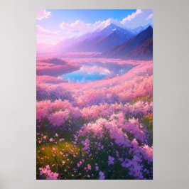 Charmant meer omringd door roze bloemen poster