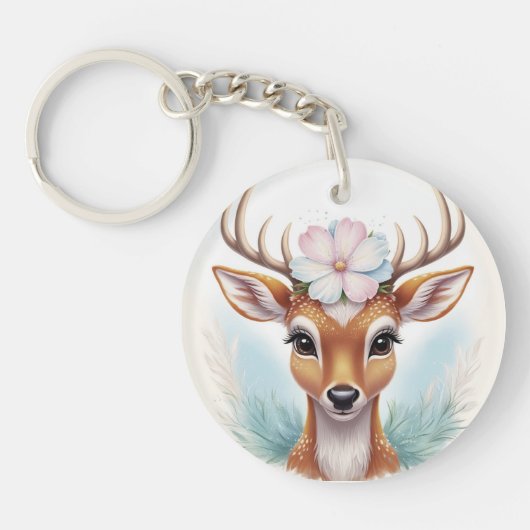 Charmant & Natuur-geïnspireerd hert met bloem Sleutelhanger (Voorkant)