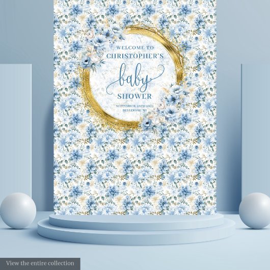 Charmant Pastel Blue Gold Flowers Baby shower Wandkleed