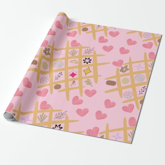 Charmant Roze Hart en Abstract Patroon Cadeaupapier (Uitgerold)