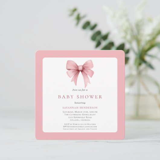 Charmant roze lint boog meisje Baby shower Kaart (Staand voorkant)