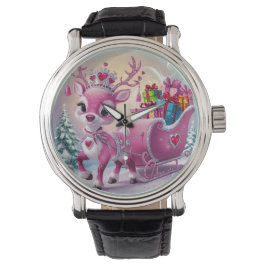 Charmant roze rendier kerstversiering horloge