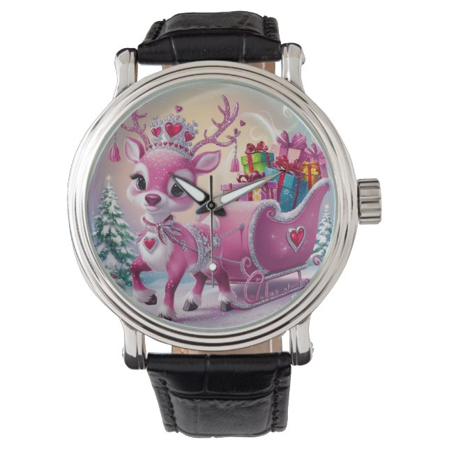Charmant roze rendier kerstversiering horloge (Voorkant)