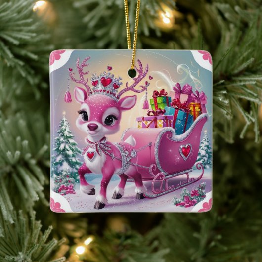 Charmant roze rendier kerstversiering keramisch ornament (Boom)