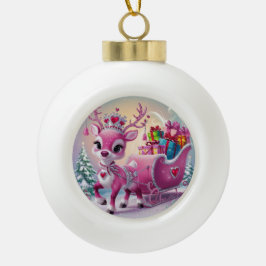 Charmant roze rendier kerstversiering keramische bal ornament