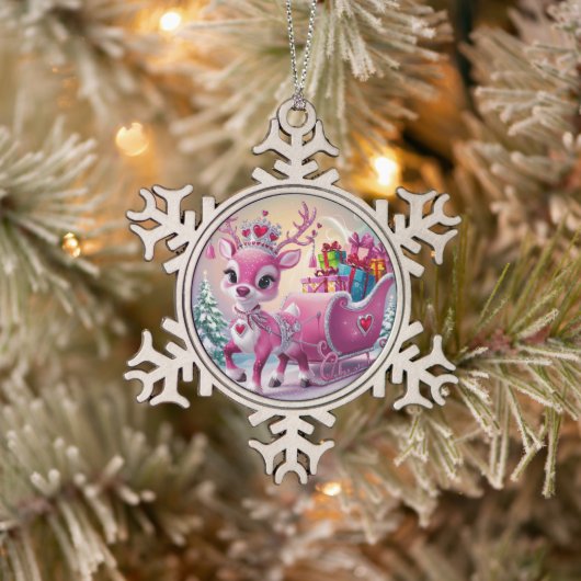 Charmant roze rendier kerstversiering tin sneeuwvlok ornament (Boom)