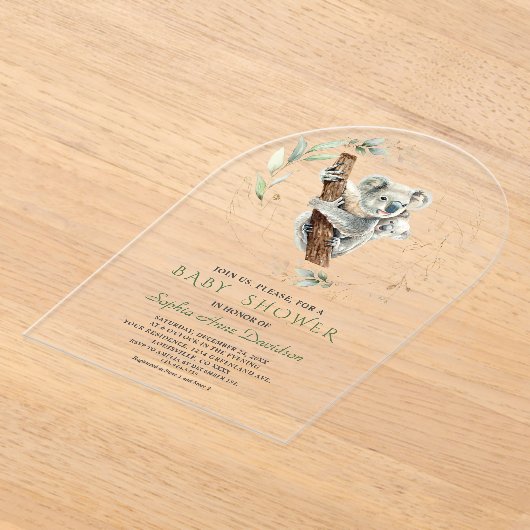 Charmant Schattige Koala Greenery Gold Baby shower Acryl Uitnodigingen (Laagn)