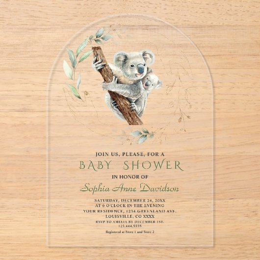 Charmant Schattige Koala Greenery Gold Baby shower Acryl Uitnodigingen (Voorkant)