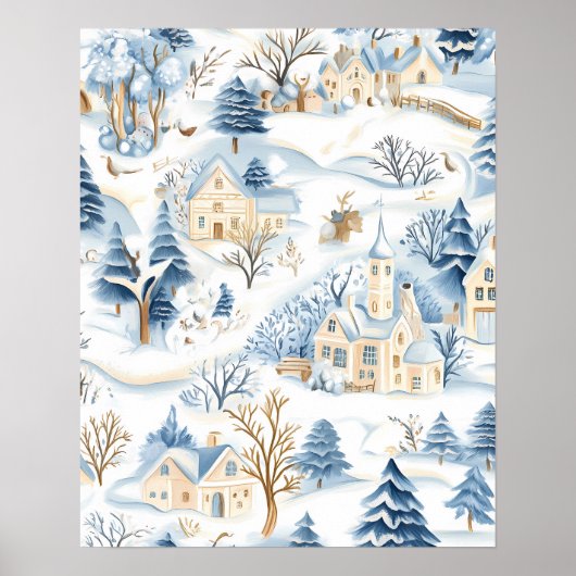 Charmant Snowy Village met bosdieren Poster (Voorkant)