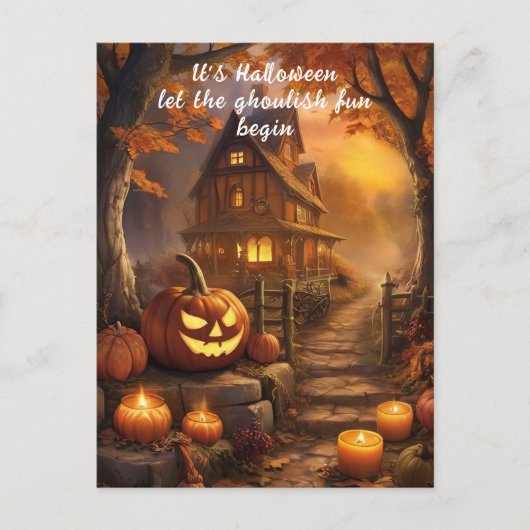 Charmant Spooky Halloween Cottage met pompoenen Briefkaart (Voorkant)