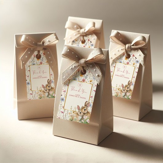 Charmant Twin Bunny Floral Neutraal Baby shower Cadeaulabel