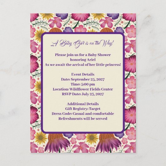 Charmant Wildflower Roze Baby shower Briefkaart (Voorkant)