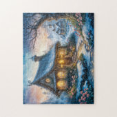 Charmant winterhuisje met feestelijke verlichting legpuzzel (Verticaal)