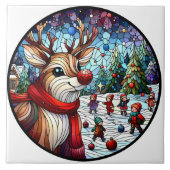 Charmant winterwonderland met een speels rendier tegeltje (Voorkant)