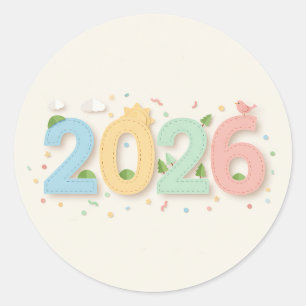 Charmante 2026 nummers in pastel papier cutout sti ronde sticker