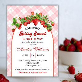 Charmante Arch Pink Strawberry Gingham Baby shower Kaart
