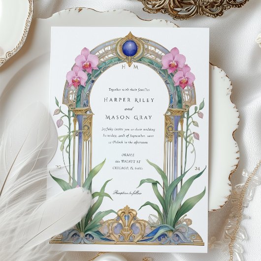 Charmante Art Nouveau Orchideeën Bloemenbruiloft Kaart