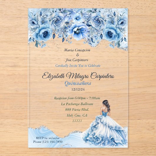 Charmante Baby Blauw en Zilver Quinceañera Bloemen Acryl Uitnodigingen (Voorkant)
