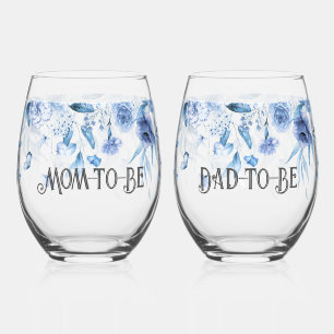 Charmante Baby Blauwe Bloemen Drop L Mom & Dad-to- Wijnglas Zonder Voet