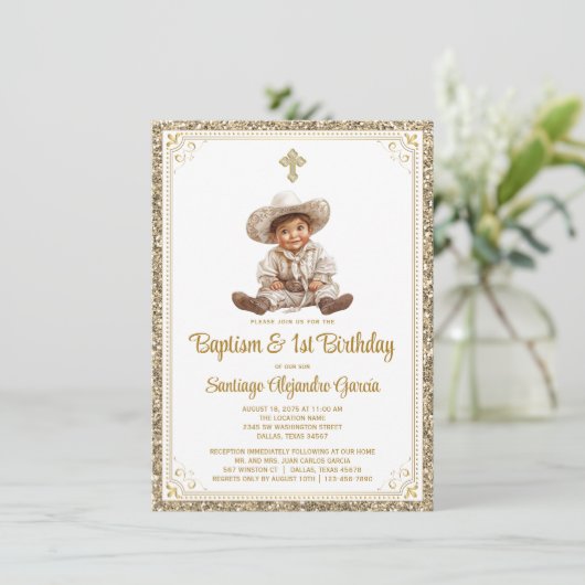 Charmante Baby Charro Gouden Doop & Verjaardag Inv Kaart (Staand voorkant)