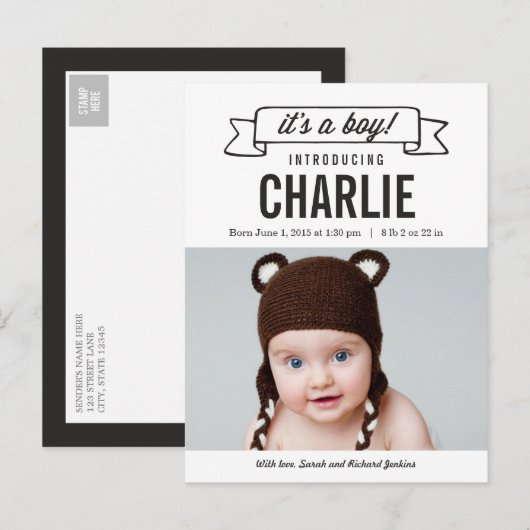 Charmante Banner Geboorteaankondiging - Baby Boy Aankondigingskaart (Voorkant / Achterkant)