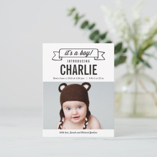 Charmante Banner Geboorteaankondiging - Baby Boy Aankondigingskaart (Staand voorkant)