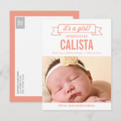 Charmante Banner Geboorteaankondiging - Baby Girl Aankondigingskaart (Voorkant / Achterkant)