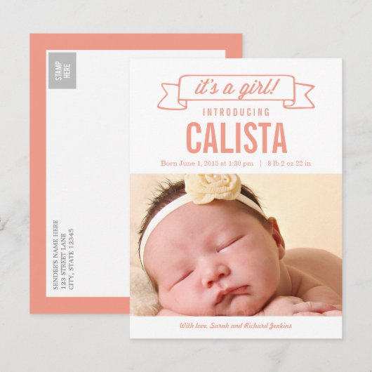 Charmante Banner Geboorteaankondiging - Baby Girl Aankondigingskaart (Voorkant / Achterkant)