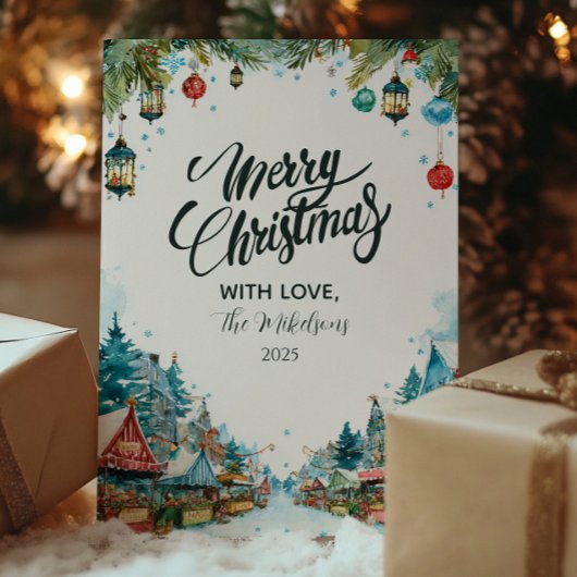 Charmante besneeuwde cottages Kerstmis Feestdagenkaart