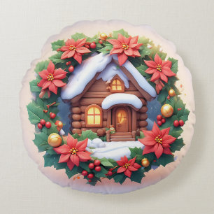 Charmante besneeuwde hut versierd met kerstkrans rond kussen