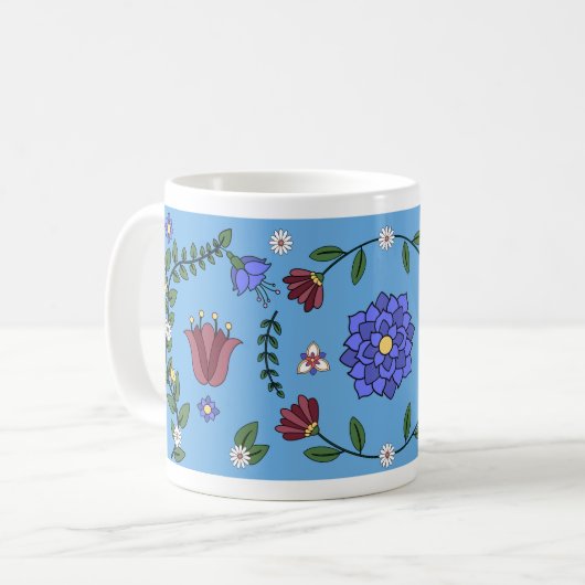 Charmante Blauwe en Bloemen Folk Art Mok (Voorkant links)