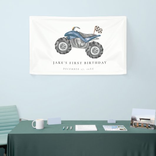 Charmante blauwe quad fiets verjaardag spandoek (Beurs)