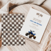 Charmante blauwe quad fiets verjaardagsuitnodiging kaart