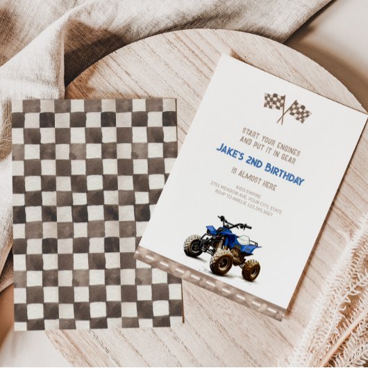 Charmante blauwe quad fiets verjaardagsuitnodiging kaart