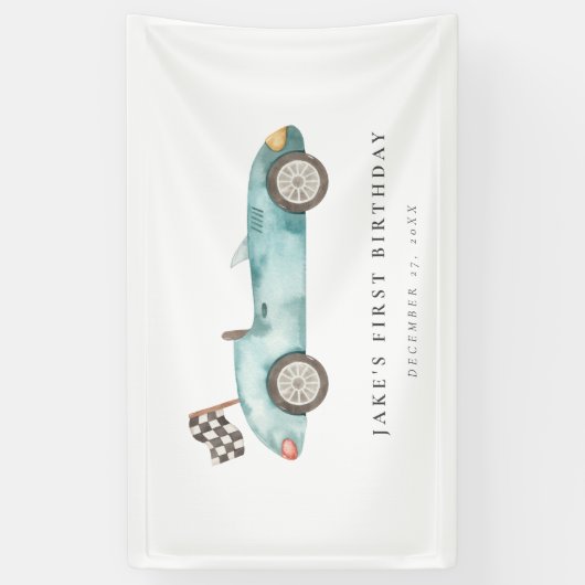 Charmante blauwe race auto verjaardag spandoek (Verticaal)