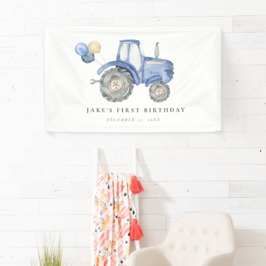 Charmante blauwe tractor verjaardag spandoek (Insitu)