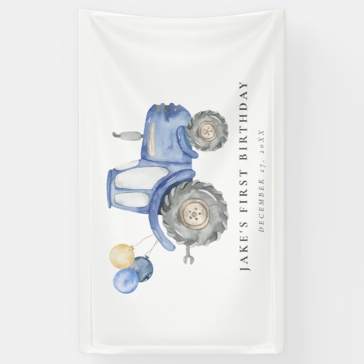 Charmante blauwe tractor verjaardag spandoek (Verticaal)
