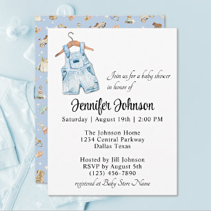 Charmante blauwe vintage overall jongens babyshowe kaart