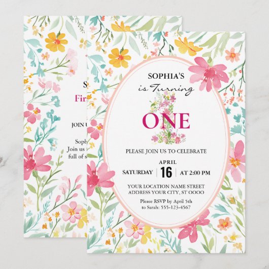 Charmante bloemen eerste verjaardag kaart (Voorkant / Achterkant)