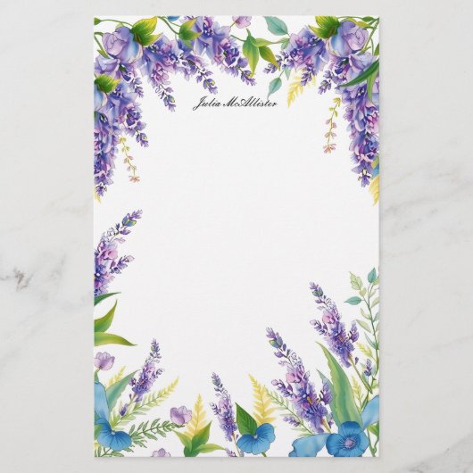 Charmante Bloemen in Paarse en Blauwe Briefpapier (Voorkant)