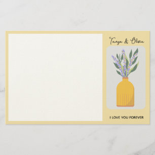 Charmante bloemvaas ontwerp met lavendel briefpapier