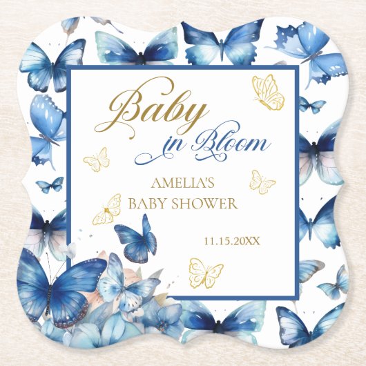 Charmante Blue Butterfly Baby in Bloom Baby shower Kartonnen Onderzetters (Voorkant)